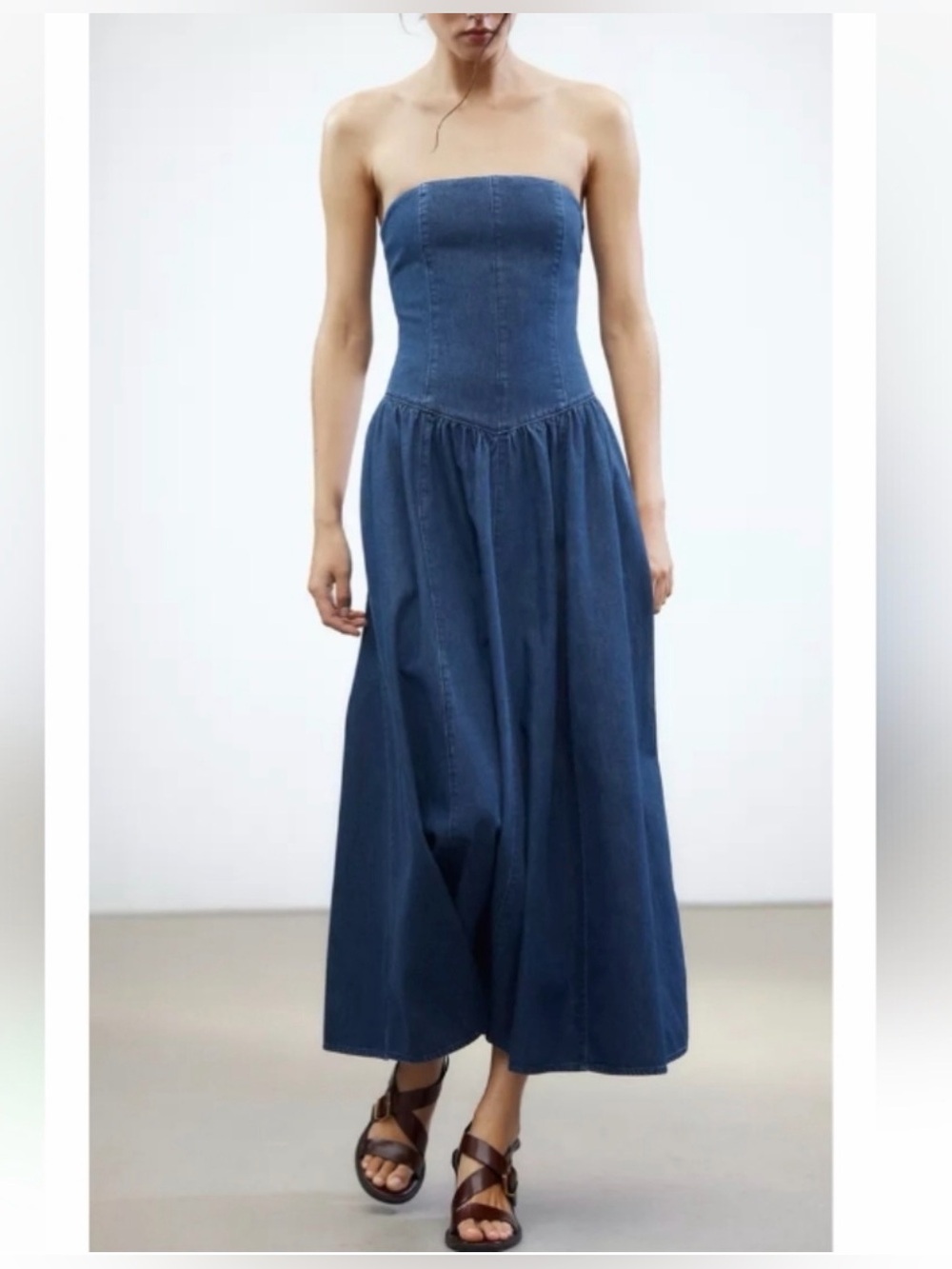 Zara TRF Strapless Denim Pleated Midi Dress